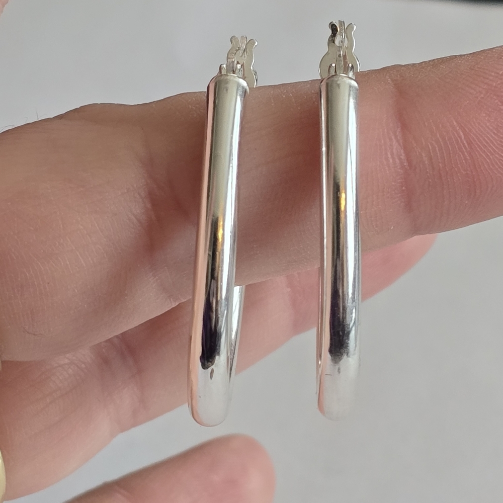 Sterling Silver hoop earrings 925 long elongated tube elegant classic - Picture 2 of 10